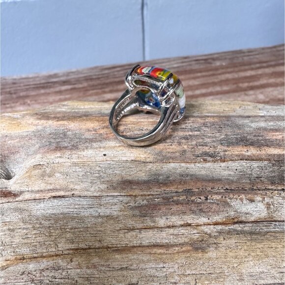 Colorful Millefiori Glass Ring With Silver-Tone Band Size 6 - Picture 4 of 10